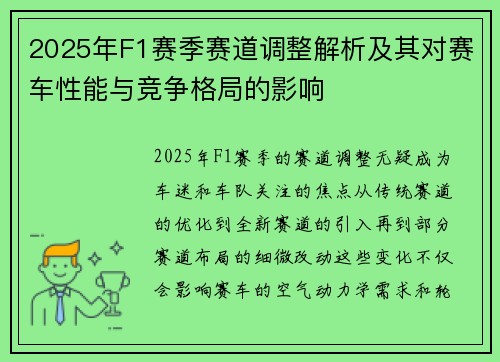 2025年F1赛季赛道调整解析及其对赛车性能与竞争格局的影响 2025年F1赛季赛道调整解析及其对赛车性能与竞争格局的影响