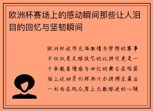欧洲杯赛场上的感动瞬间那些让人泪目的回忆与坚韧瞬间 欧洲杯赛场上的感动瞬间那些让人泪目的回忆与坚韧瞬间