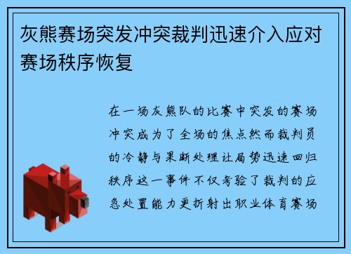 灰熊赛场突发冲突裁判迅速介入应对赛场秩序恢复 灰熊赛场突发冲突裁判迅速介入应对赛场秩序恢复