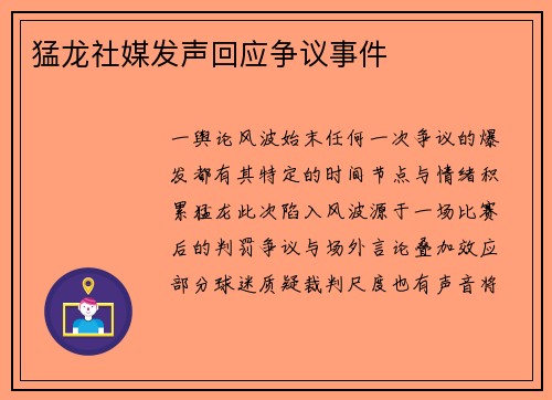 猛龙社媒发声回应争议事件